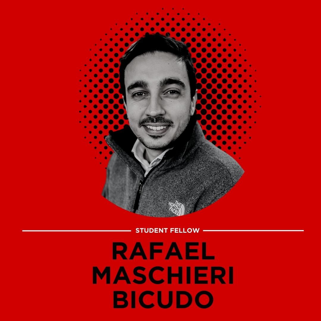 Portrait of NGTC Student Fellow Rafael Maschieri Bicudo on a red background
